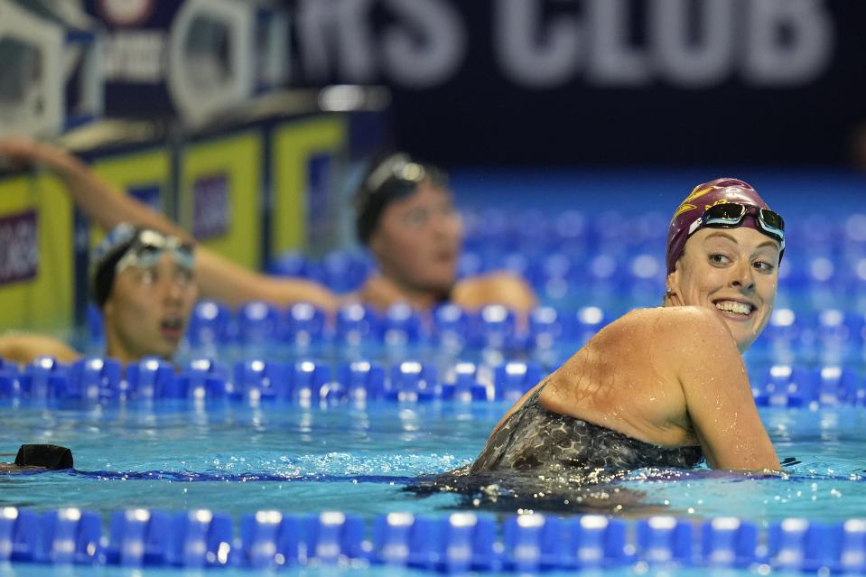 Allison Schmitt reacts after winning her heat in the Women's 200 Freestyle during wave 2 of the U.S. Olympic Swim Trials on Tuesday, June 15, 2021, in Omaha, Neb. (AP Photo/Jeff Roberson)