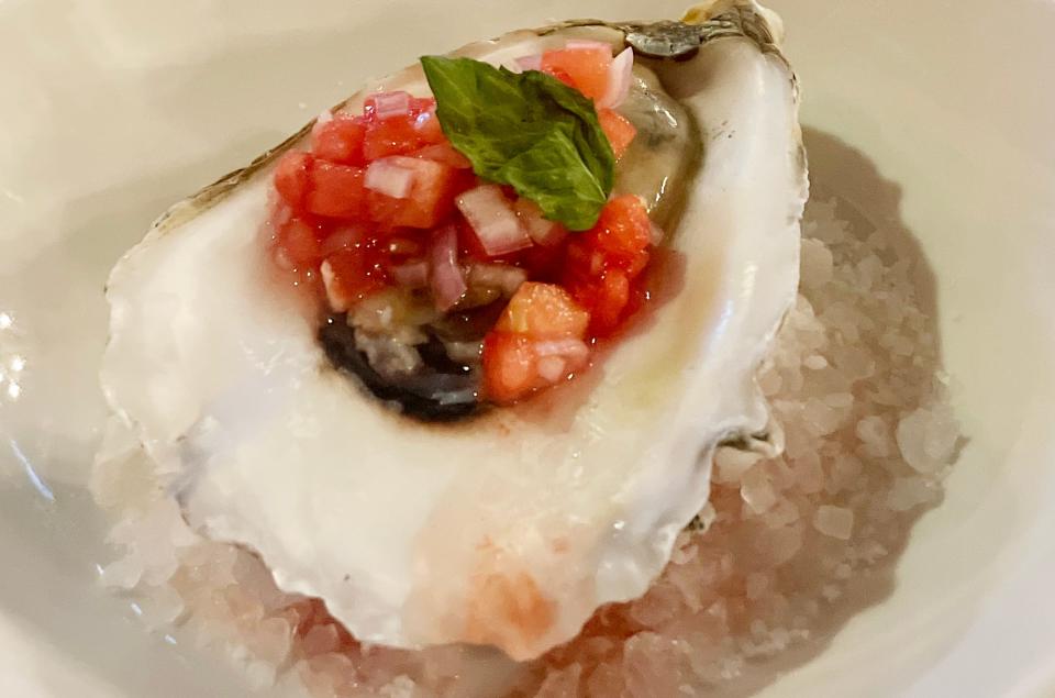 Dylan Teekell was one of six chefs competing in the Spring session of the Golden Fork Society dinners hosted by the Prize Foundation. His first course was a cold smoked oyster with compressed watermelon mignonette.