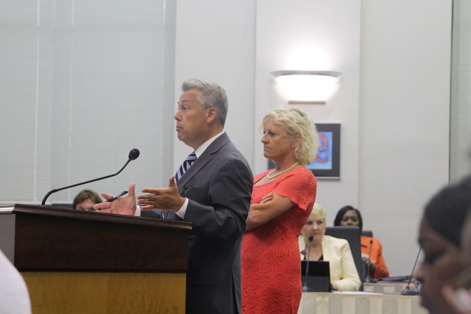 County Manager Chris Coudriet and Board of Commissioners Chairwoman Julia Olson-Boseman share information with the Board of Education on the funds from the sale of New Hanover Regional Medical Center during a meeting Tuesday, May 3, 2022.