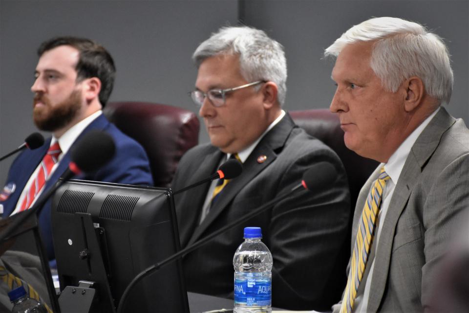 Williamson County commission candidates Wayne Garrett, Brian Beathard and Sean Aiello (right to left) spoke to audiences at the county Republican party forum in Franklin, Tenn on Thursday, April 21, 2022.