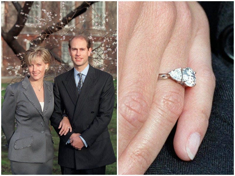 Sophie Rhys-Jones and Prince Edward announce their engagement with a side by side photo of the ring.