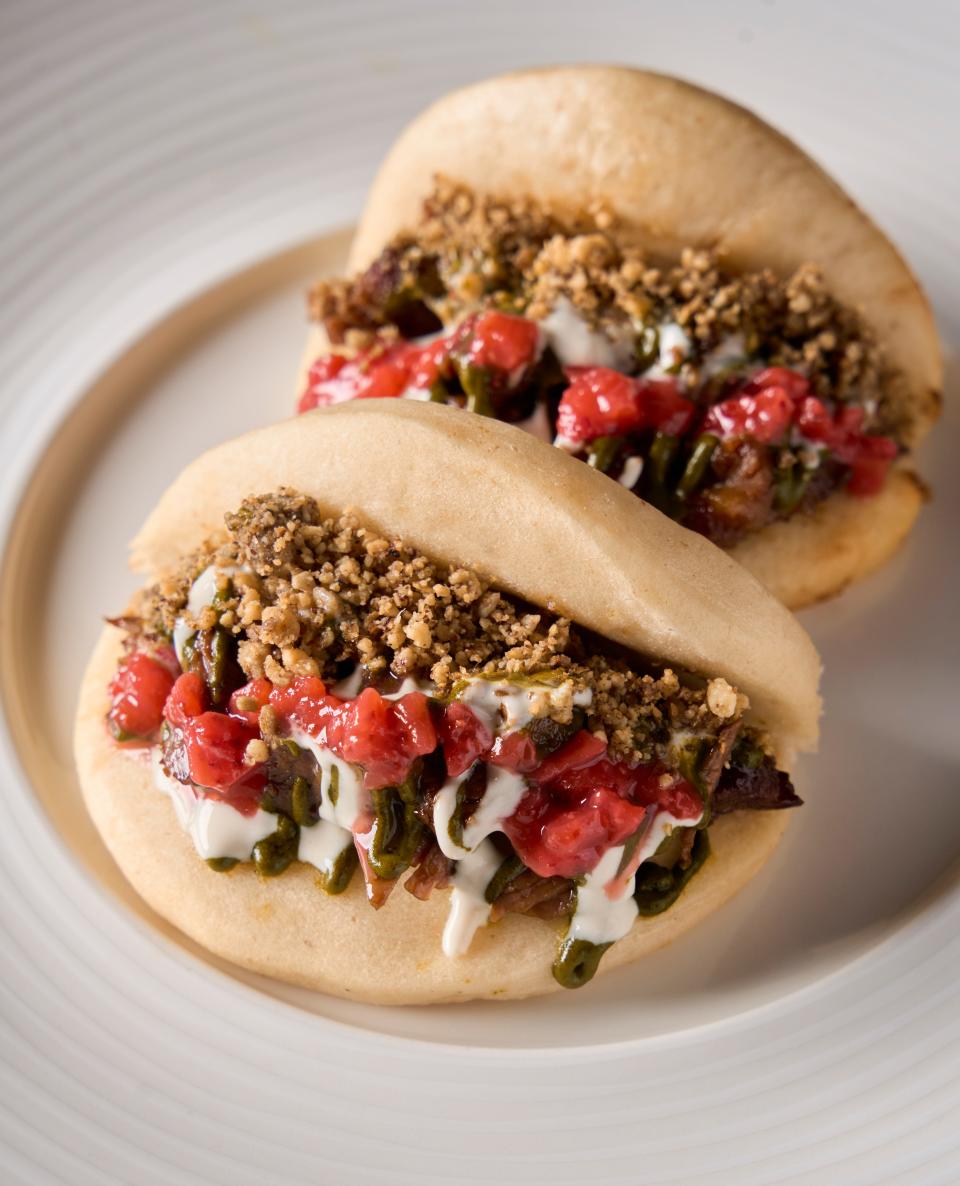 The lamb bao buns from Wilmington's Bardea Food & Drink, topped with strawberry, mint chimichurri and yogurt.