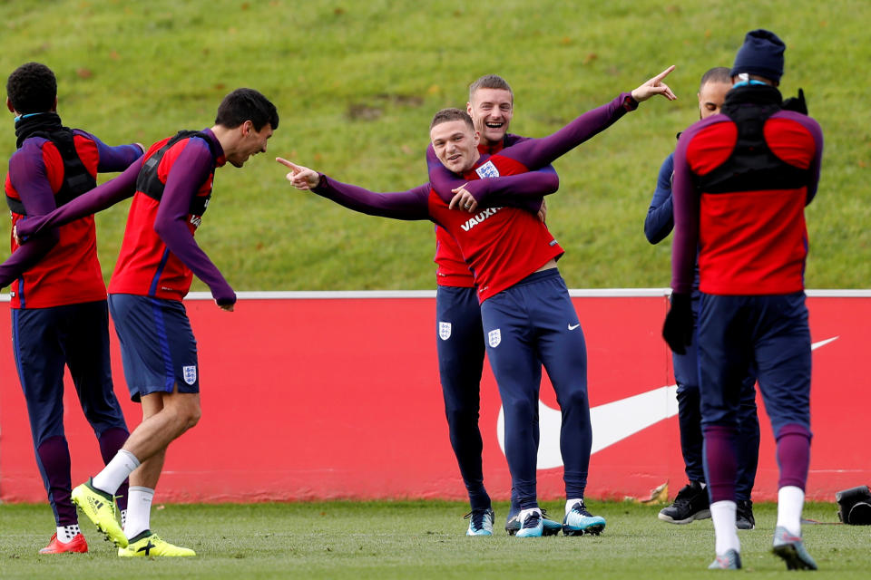 Chance to shine: Jamie Vardy and Kieran Trippier fool around in training