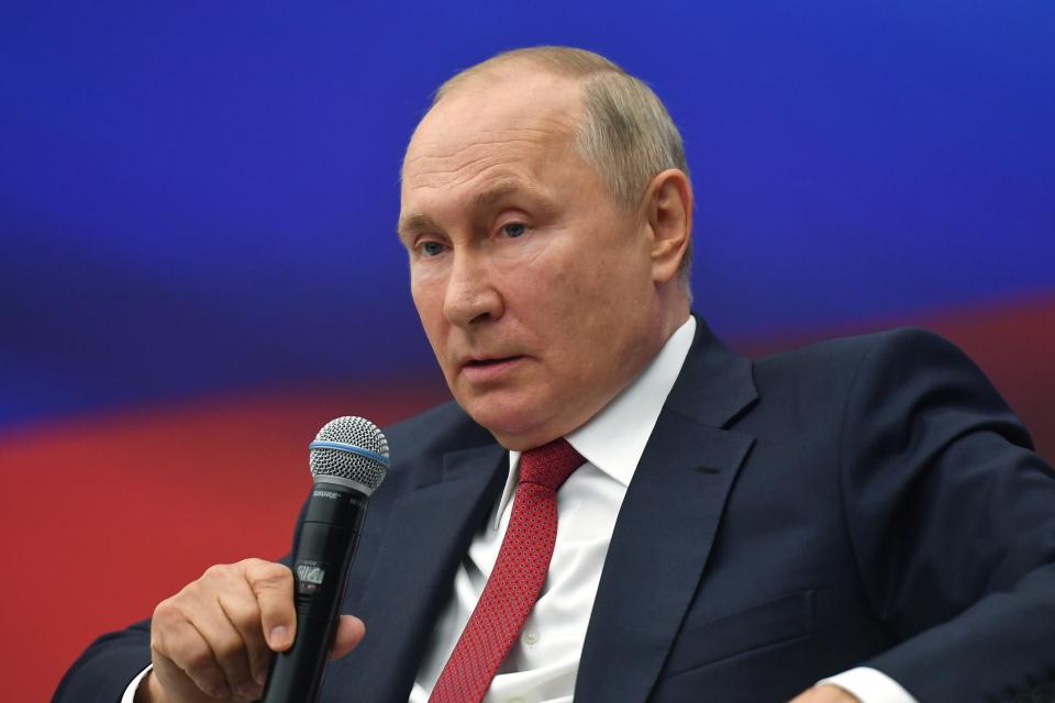 Russian President Vladimir Putin speaks during a meeting with members of United Russia party in Moscow, Russia, Sunday, Aug. 22, 2021. (Mikhail Voskresensky, Sputnik, Kremlin Pool Photo via AP)