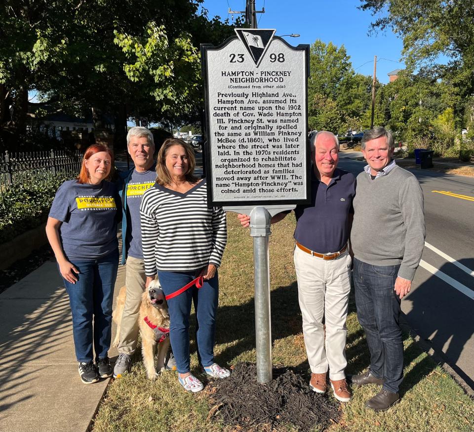 The Hampton-Pinckney PorchFest Committee visits the marker site. From left to right: Amy Connor; Robert, Judy and Chaco Benedict; Wade Cleveland; and Travis Seward.
