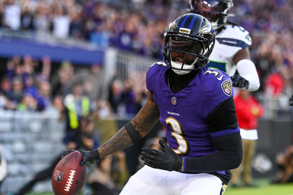 Nov 5, 2023; Baltimore, Maryland, USA; Baltimore Ravens wide receiver Odell Beckham Jr. (3) reacts after catching a fourth quarter touchdown against the Seattle Seahawks at M&T Bank Stadium. Mandatory Credit: Tommy Gilligan-USA TODAY Sports