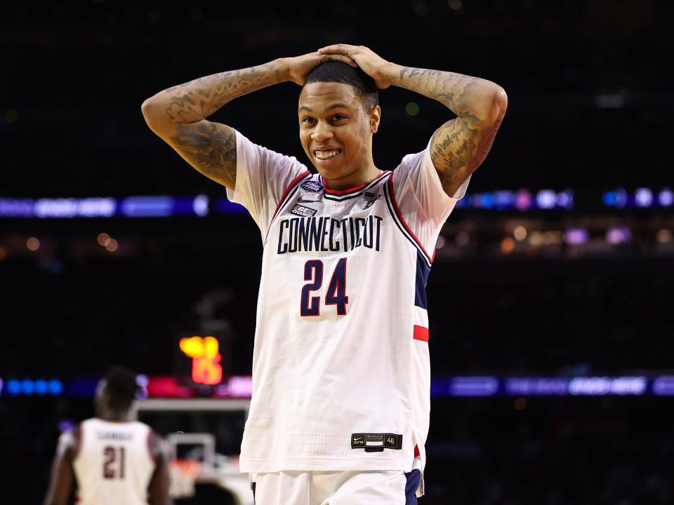 Jordan Hawkins #24 of the Connecticut Huskies reacts during the second half of the NCAA Men's Basketball Tournament National Championship game against the San Diego State Aztecs at NRG Stadium on April 03, 2023 in Houston, Texas.