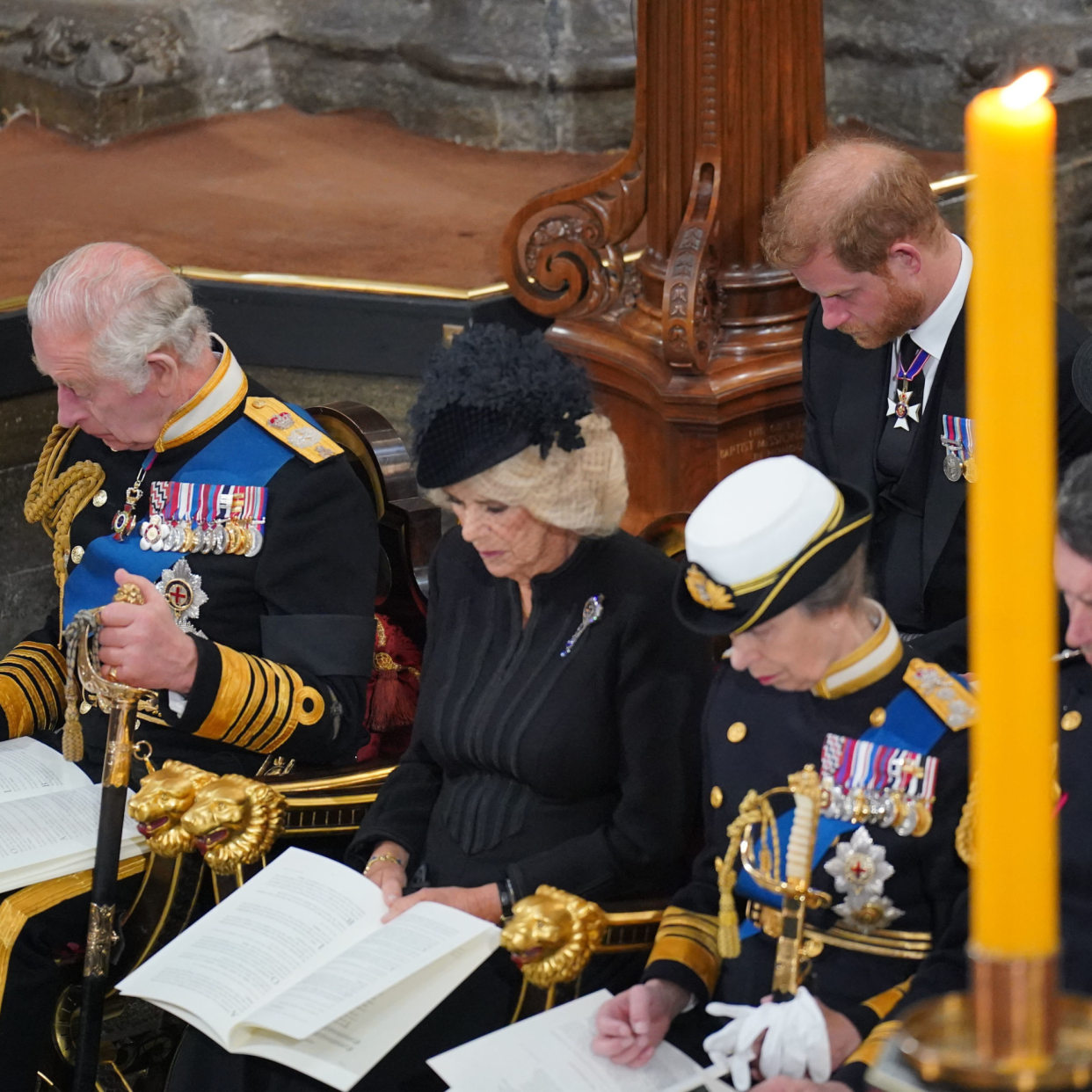  King Charles III, Camilla, Queen Consort, Princess Anne, Princess Royal, Prince Harry, Duke of Sussex and Meghan, Duchess of Sussex, during the State Funeral of Queen Elizabeth II. 