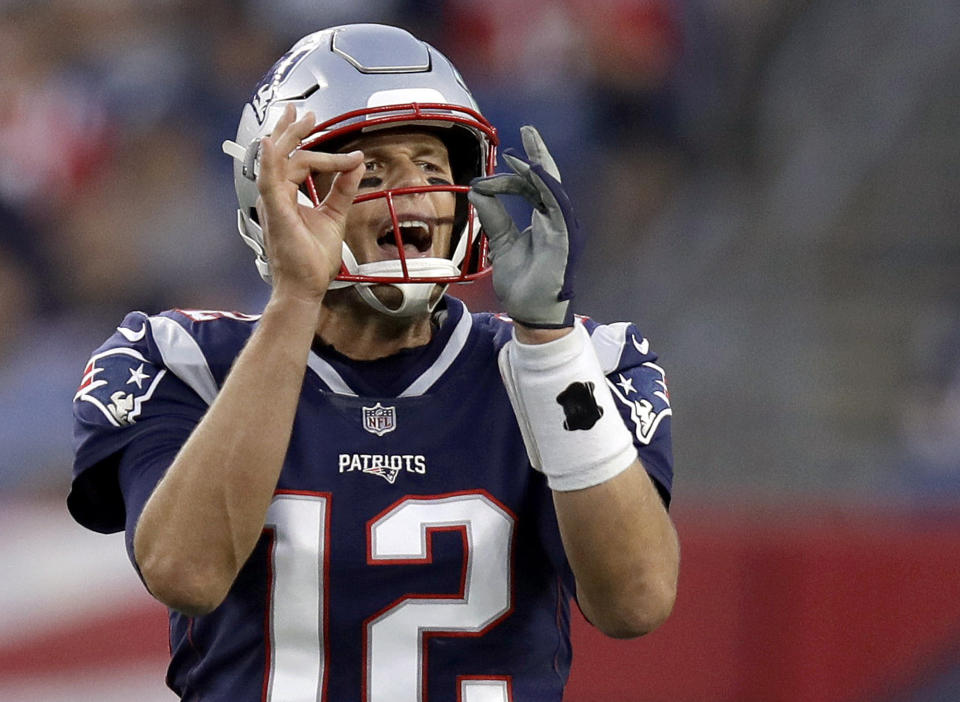 New England Patriots quarterback Tom Brady calls signals at the line of scrimmage during the first half of a preseason NFL football game against the Philadelphia Eagles, Thursday, Aug. 16, 2018, in Foxborough, Mass. (AP Photo/Charles Krupa)