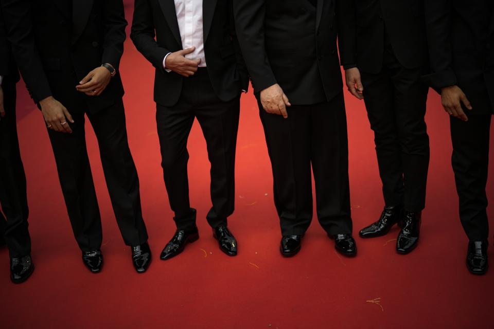 In this May 17, 2023 photo, Jose Condessa, from left, producer Anthony Vaccarello, director Pedro Almodovar, Ethan Hawke, and Jason Fernandez pose for photographers upon arrival at the premiere of the film 'Monster' at the 76th international film festival, Cannes, southern France. (AP Photo/Daniel Cole)