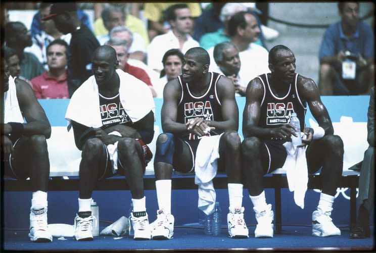 Michael Jordan, Magic Johnson and Clyde Drexler were all part of the Dream Team at the 1992 Olympics. (Getty)