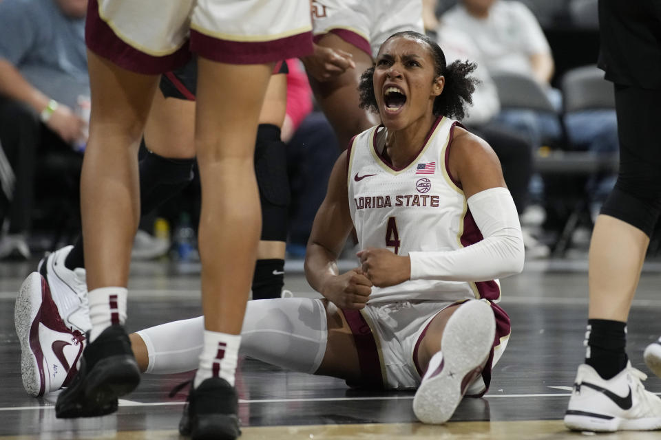 Florida State guard Sara Bejedi (4) reacts after a play against Stanford during the second half of an NCAA college basketball game Friday, Nov. 24, 2023, in Henderson, Nev. (AP Photo/John Locher)