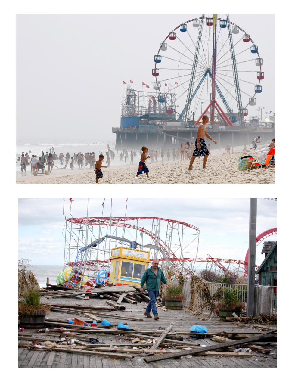 FILE - In this combination of two file photos, the Funtime Pier in Seaside Heights, N.J. is shown before and after Superstorm Sandy made landfall on the Jersey Shore. At top in this Aug. 10, 2010 file photo, the Funtime Pier rises from the sand and surf at Seaside Heights on the New Jersey coast. Below, Funtime Pier Owner Billy Major surveys the damage on Wednesday, Oct. 31, 2012 after Sandy tore through the region and left only four rides standing. Humans have an affinity for water. But in these recent jumbled days, the collapsed houses, flooded subway tunnels and washed-out roads left in Sandy's wake remind us once again: Our deep-seated human desire to be near the water _ to be attracted and comforted by it, to build alongside it and crave its attractions _ has an undeniable dark side. Top (AP Photo/Mel Evans) Bottom (AP Photo/Star-Ledger, David Gard, Pool)