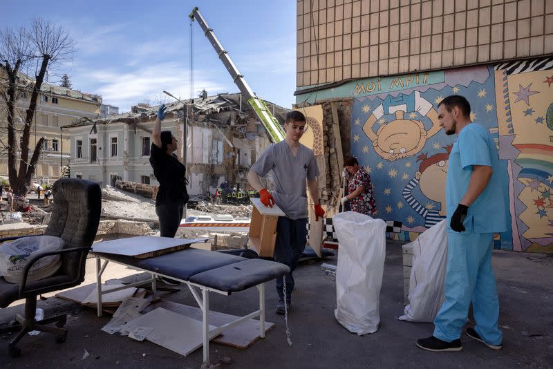 Aftermath of Russian missile strike on Okhmatdyt Children's Hospital in Kyiv