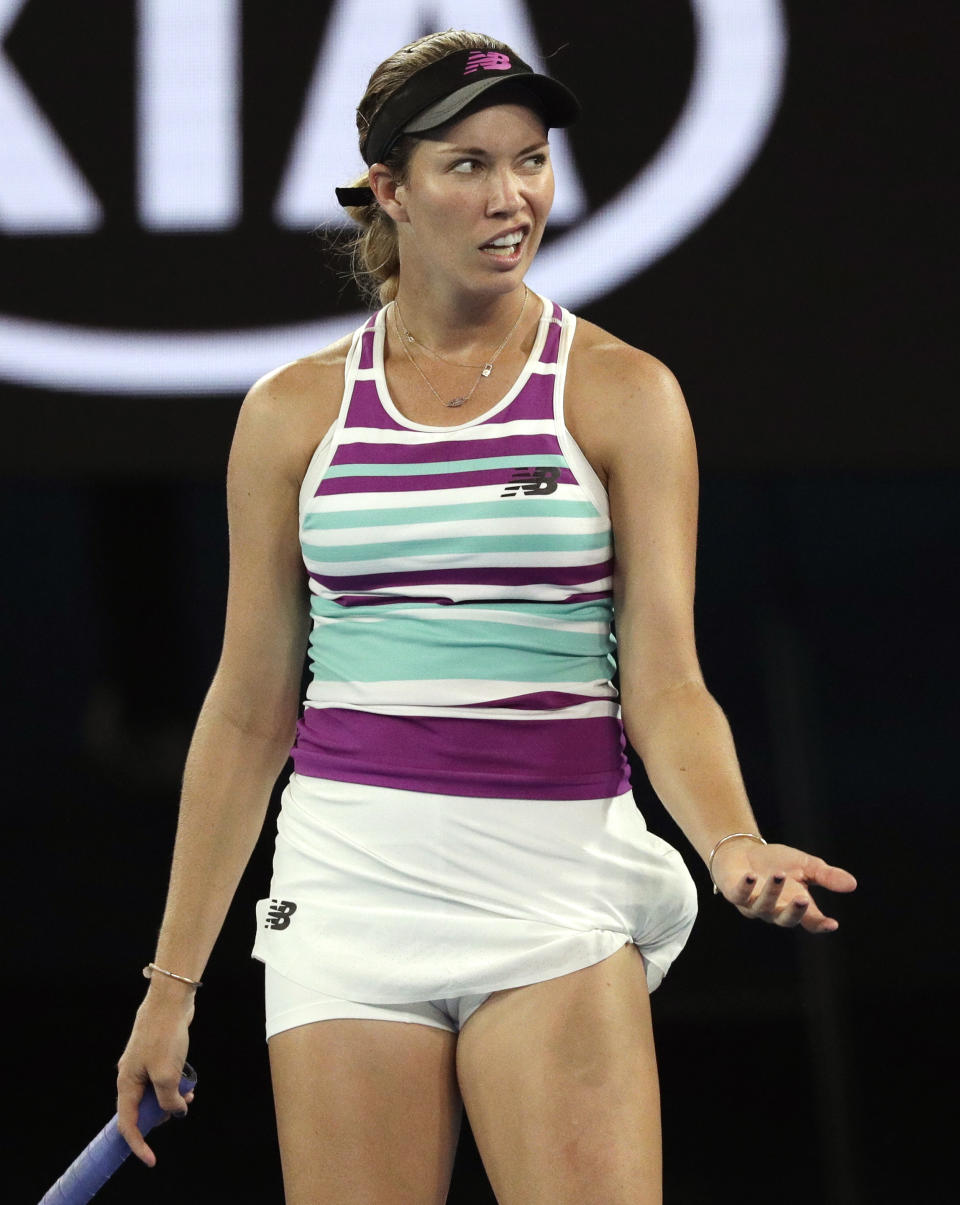 United States' Danielle Collins reacts during her semifinal against Petra Kvitova of the Czech Republic at the Australian Open tennis championships in Melbourne, Australia, Thursday, Jan. 24, 2019. (AP Photo/Kin Cheung)