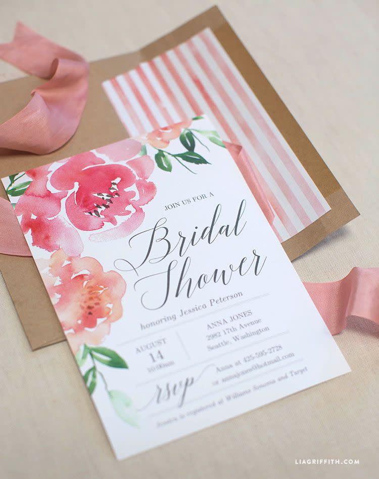 <p>Any bride will be obsessed with this gorgeously bright invite template alone, but an optional matching envelope liner download also takes this stationery set to the next level. </p><p><strong>Get the printable at <a href="https://liagriffith.com/watercolor-peony-bridal-shower-invitation/?crlt.pid=camp.c8uIz7f9FpEL&sscid=51k3_hgnsq" rel="nofollow noopener" target="_blank" data-ylk="slk:Lia Griffith;elm:context_link;itc:0;sec:content-canvas" class="link ">Lia Griffith</a>. </strong></p>