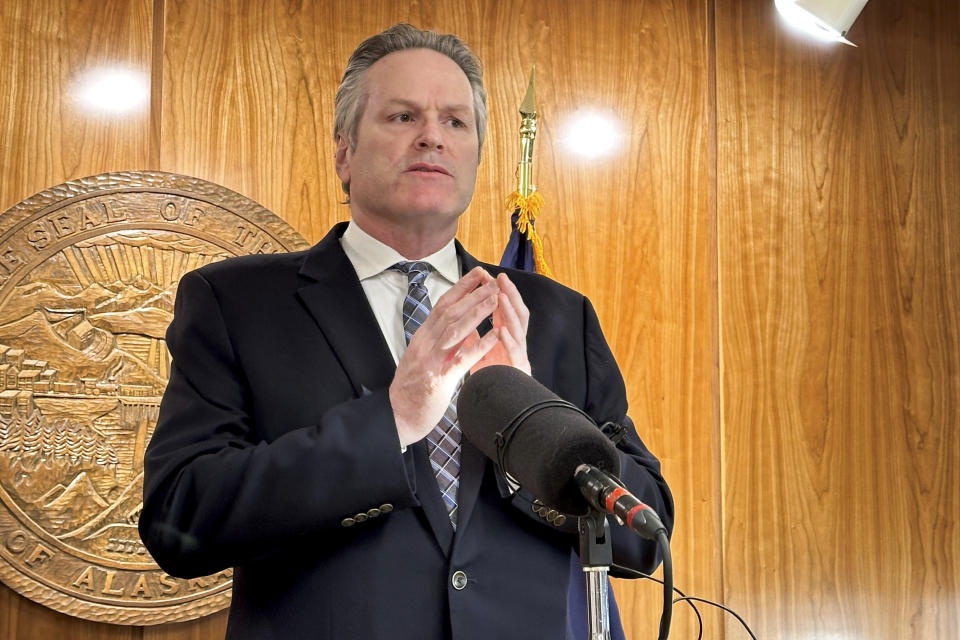 Alaska Republican Gov. Mike Dunleavy speaks to reporters during a news conference on topics including education, Wednesday, Feb. 7, 2024, in Juneau, Alaska. (AP Photo/Becky Bohrer)