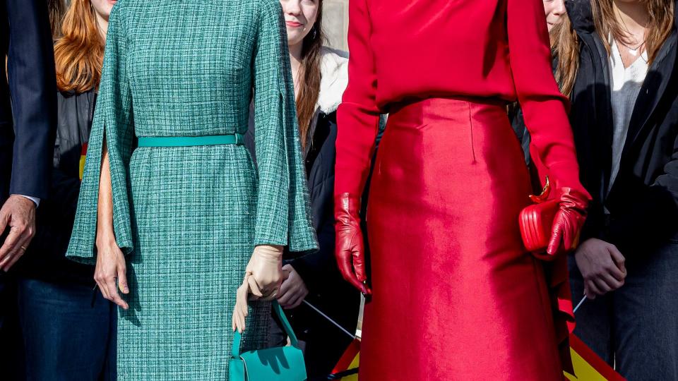 Queen Maxima of The Netherlands welcomes Queen Letizia of Spain in Amsterdam, Netherlands. 