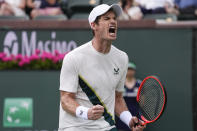 Andy Murray, of Britain, celebrates winning a set against Radu Albot, of Moldova, at the BNP Paribas Open tennis tournament Saturday, March 11, 2023, in Indian Wells, Calif. (AP Photo/Mark J. Terrill)