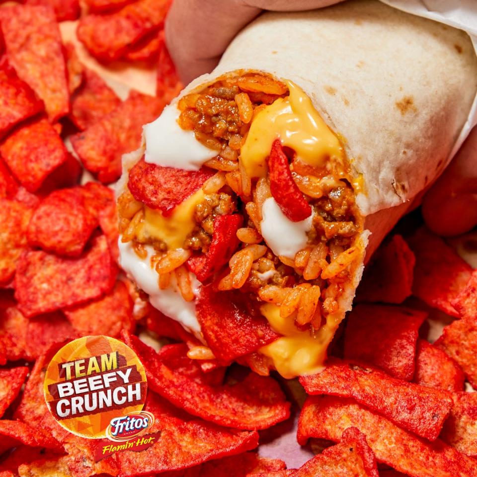 The Beefy Crunch Burrito won Taco Bell's fan favorite vote for which menu item to return to its menu in August 2023. The burrito is made with seasoned beef, seasoned rice, nacho cheese sauce, reduced-fat sour cream – and gets its crunch from Fritos Flamin’ Hot Flavored Corn Chips. The burrito, removed from the menu a year later, hasn't been available since 2018, the last of several limited runs over the decade.