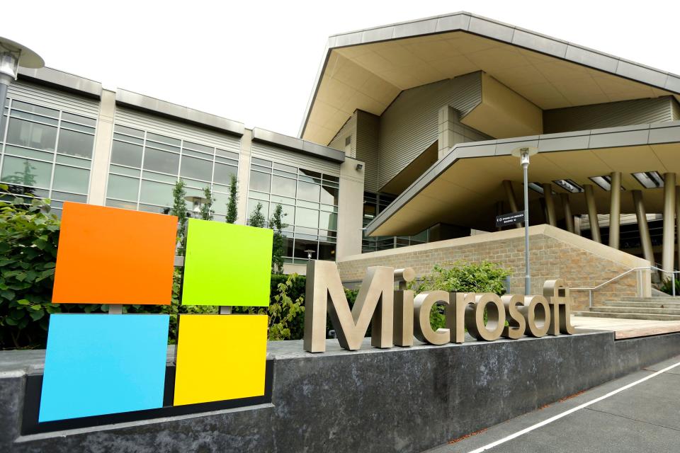 In this July 3, 2014, file photo, the Microsoft Corp. logo is displayed outside the Microsoft Visitor Center in Redmond, Wash. (AP Photo/Ted S. Warren, File)