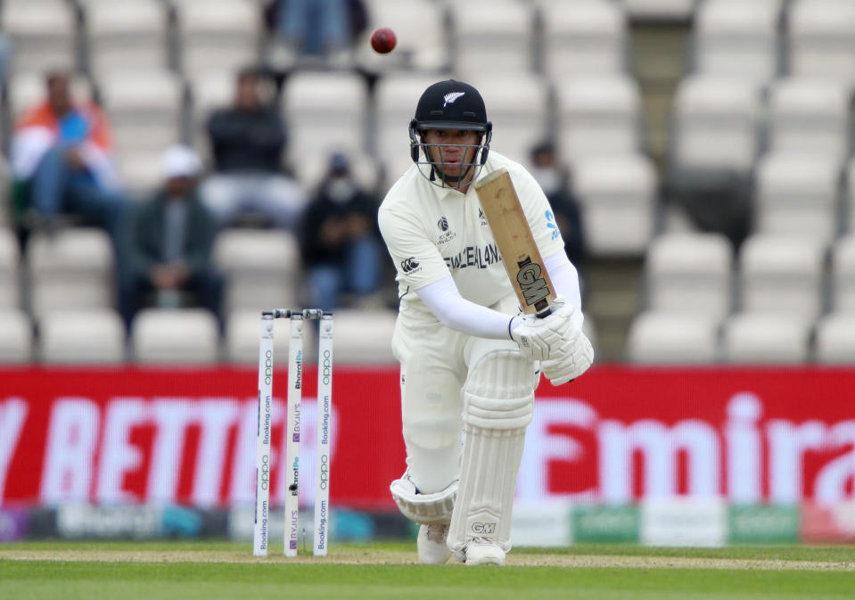 New Zealand's Ross Taylor plays a shot during the fifth day of the World Test Championship final cricket match between New Zealand and India, at the Rose Bowl in Southampton, England, Tuesday, June 22, 2021. (AP Photo/Ian Walton)