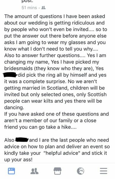 The Facebook post shows the bride’s angry rant was inspired by people asking questions about the wedding <em>(Photo via Mumsnet)</em>