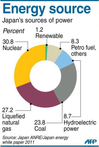 Chart on Japan's energy sources, showing nuclear power generating 30% in 2010. A reactor in western Japan resumed full operation on Monday, the first to restart since the country shut down its atomic power plants following the Fukushima disaster last year