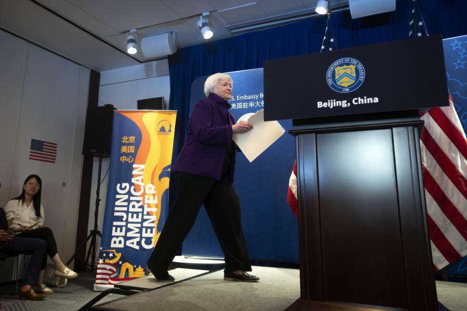 Treasury Secretary Janet Yellen arrives for a news conference at the U.S. Embassy in Beijing, Sunday, July 9, 2023. (AP Photo/Mark Schiefelbein)