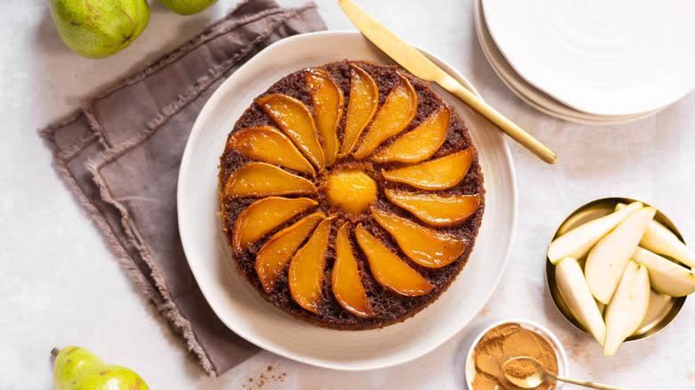 upside down pear cake on plate