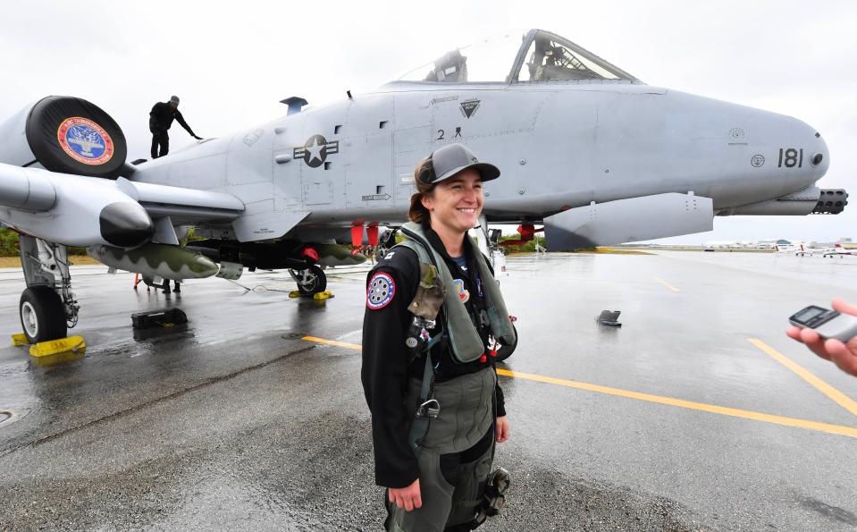 Florida Tech graduate and U.S. Air Force Capt. Lindsay “Mad” Johnson answers questions from the media after she led the A-10C Thunderbolt II Demonstration Team to Melbourne Orlando International Airport on Wednesday, April 12, 2023.