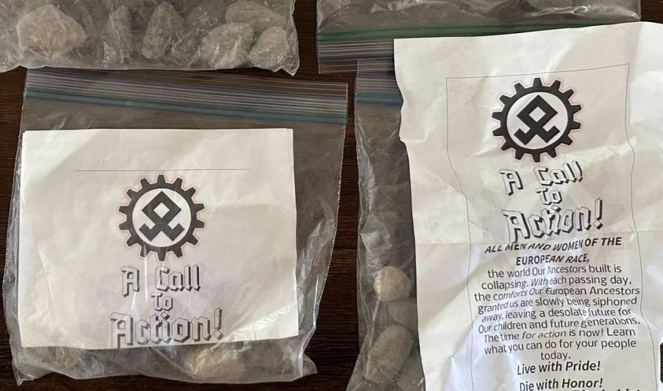 Fliers in bags distributed by the California Blackshirts, a white supremacy group, were found on South Street in San Luis Obispo on July 29, 2023.