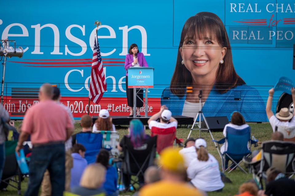 Libertarian Party presidential nominee Jo Jorgensen addresses the crowd during a campaign stop in Westfield, Ind., on Sept. 27, 2020. A few hundred people attended her only scheduled campaign stop in Indiana.