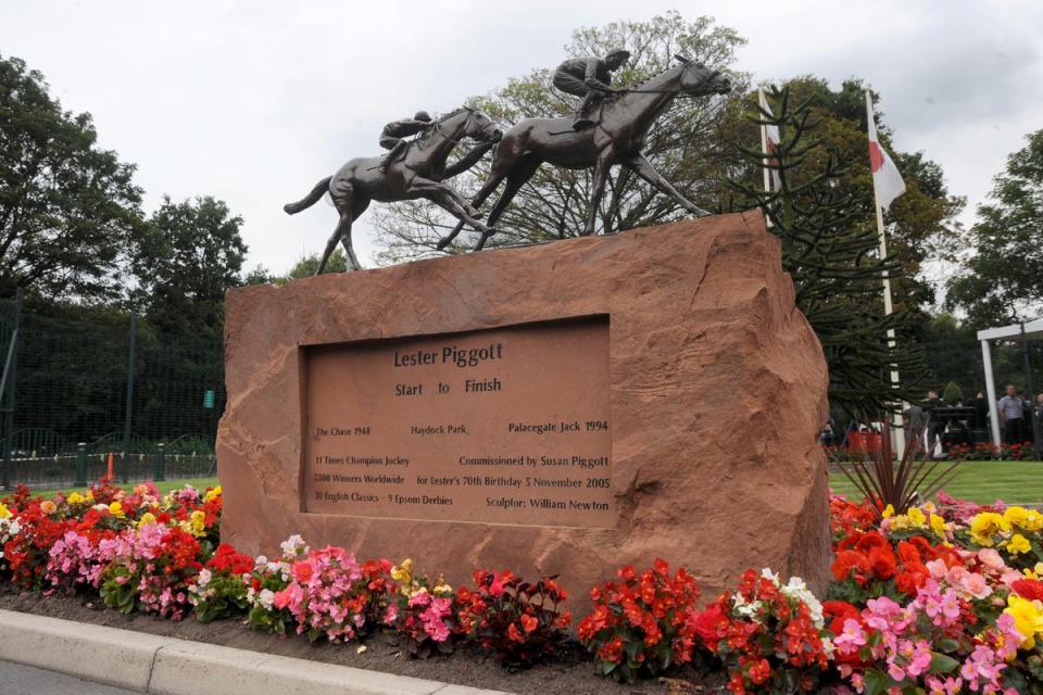 A statue to mark Lester Piggott’s achievements in the sport at Haydock Park – where he had his first and last winners (Anna Gowthorpe/PA) (PA Archive)