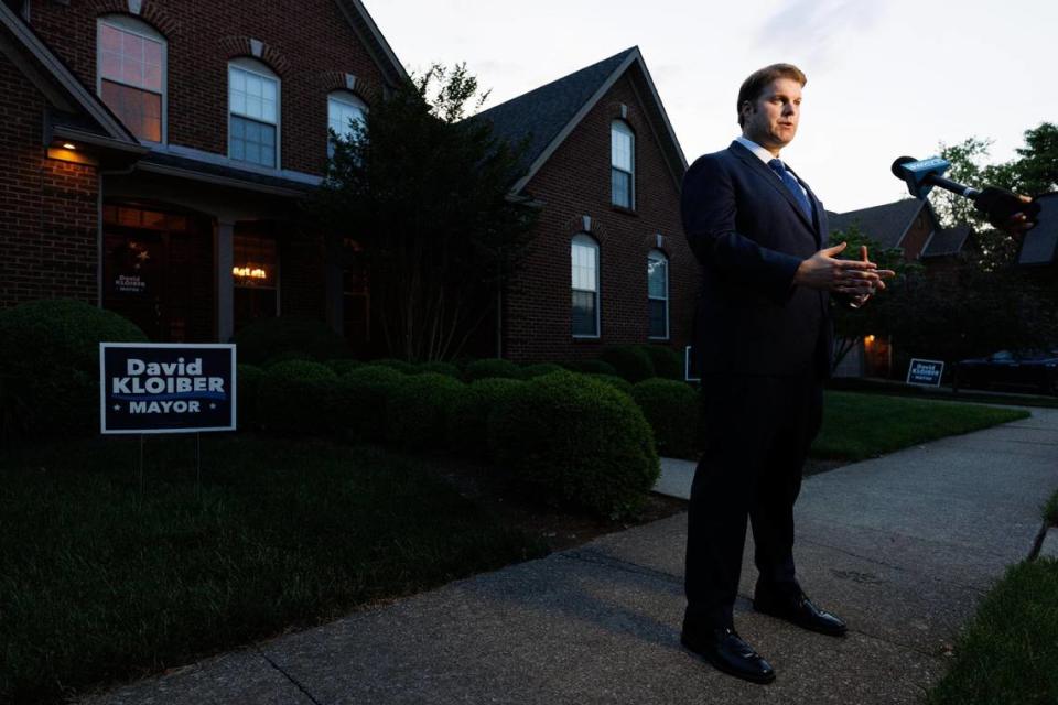 David Kloiber talks with members of the media after coming second in the Lexington primary election for mayor on Tuesday, May 17, 2022, at Kloiber’s house in Lexington, Kentucky.