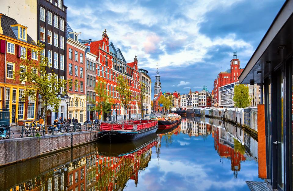 Homes along a canal in Amsterdam.