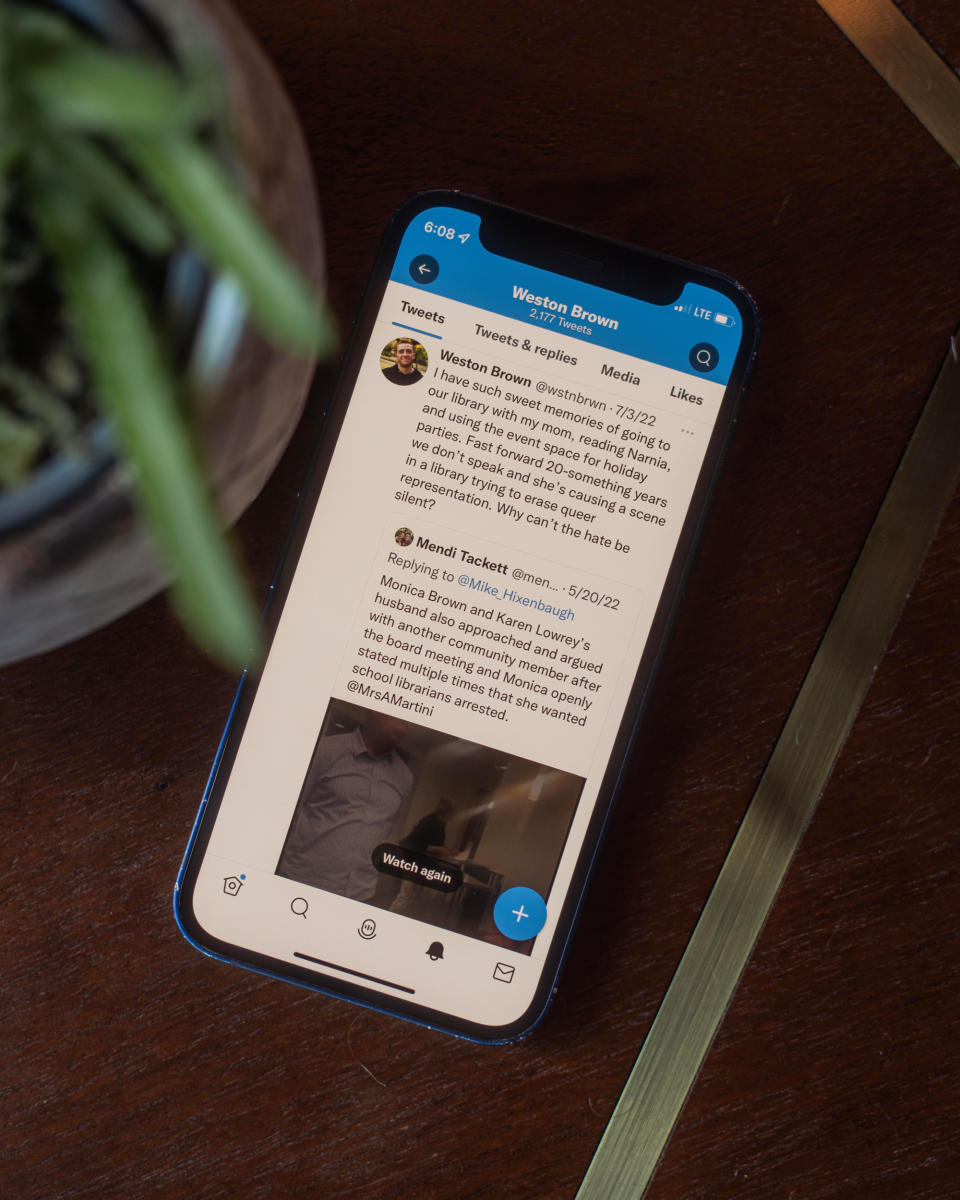 Weston Brown publicly reacted on Twitter after seeing a video of his mother calling for librarians to be arrested. (Alan Nakkash for NBC News)