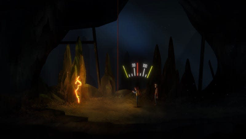 Riley and Jacob stand before a red fissure in a cavern, with Riley tweaking the frequency dial on a device, the numbers seen floating above her.