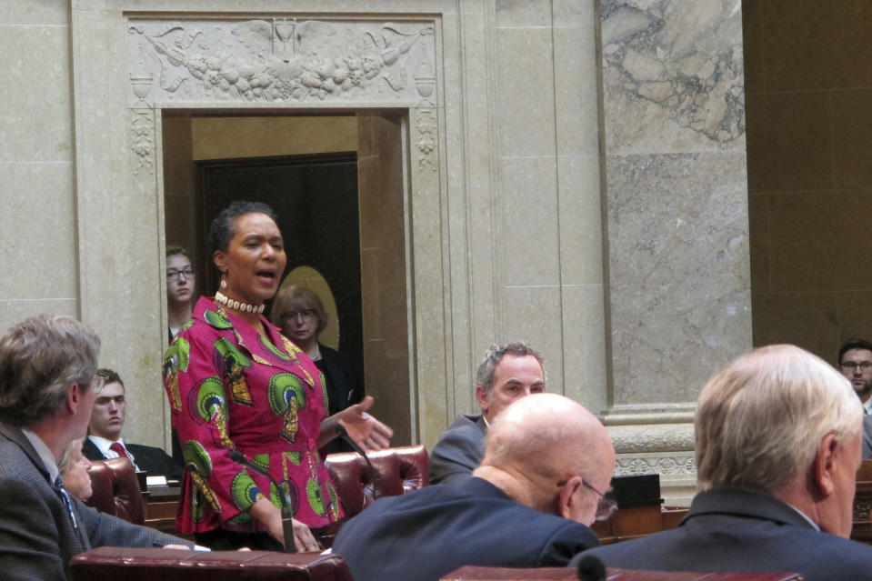 Democratic state Sen. Lena Taylor speaks in favor of recognizing former NFL quarterback Colin Kaepernik as part of a Black History Month resolution on Wednesday, Feb. 13, 2019, in Madison, Wis. The Senate debated the resolution after the state Assembly refused to name Kaepernick, who was born in Milwaukee. (AP Photo/Scott Bauer)
