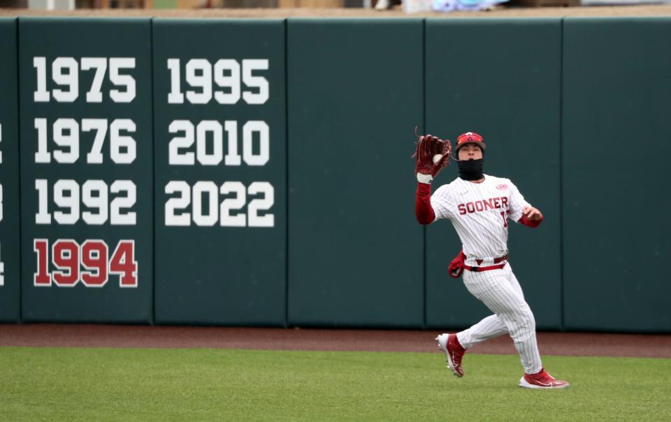 Bryce Madron makes a catch in right field as the University of Oklahoma Sooners (OU) baseball team plays Rider at L. Dale Mitchell Park on Feb. 24, 2023 in Norman, Okla.  [Steve Sisney/For The Oklahoman]
