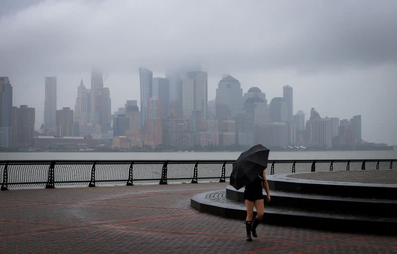 Tropical Storm Fay sweeps across the heavily populated northeastern United States and New York City as seen from Hoboken