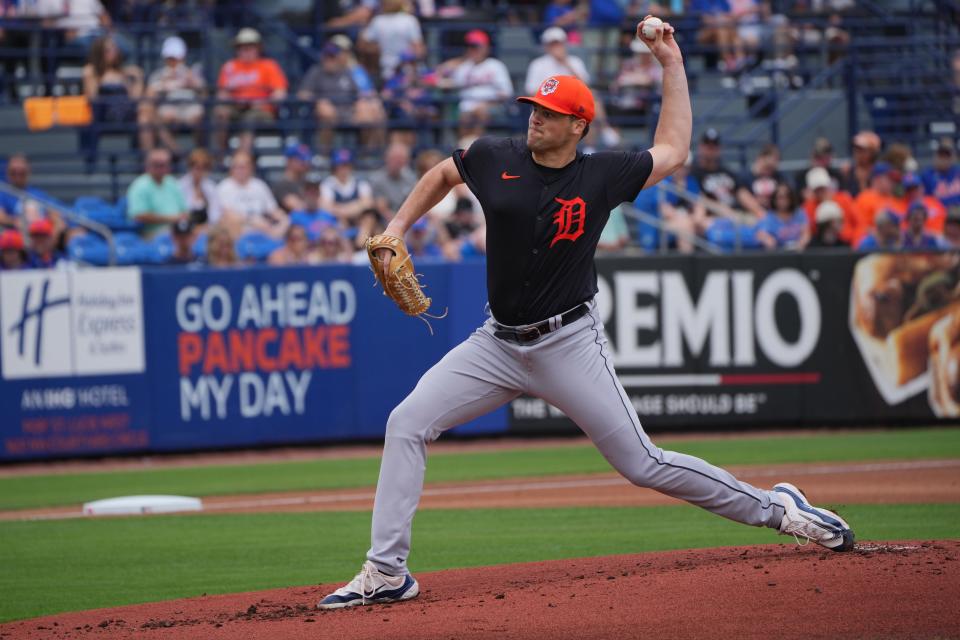 Detroit Tigers pitcher Brant Hurter (74) pitches against the New York Mets in the first inning at Clover Park in Port St. Lucie, Florida, on Sunday, March 10, 2024.