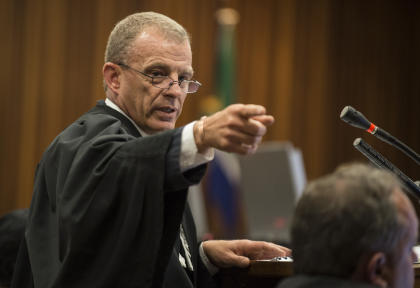 State prosecutor Gerrie Nel gestures as the Oscar Pistorius murder trial resumes Thursday. (AP)