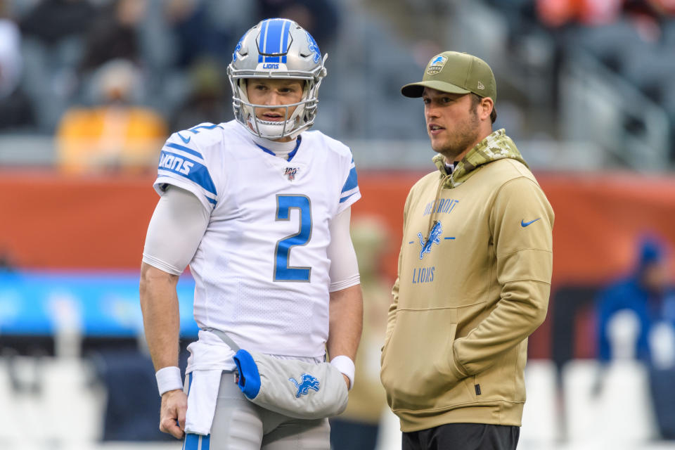 Matthew Stafford's back fractures mean he could miss up to 6 weeks, and backup QB Jeff Driskel (left) will play in his absence. (Photo by Daniel Bartel/Icon Sportswire via Getty Images)