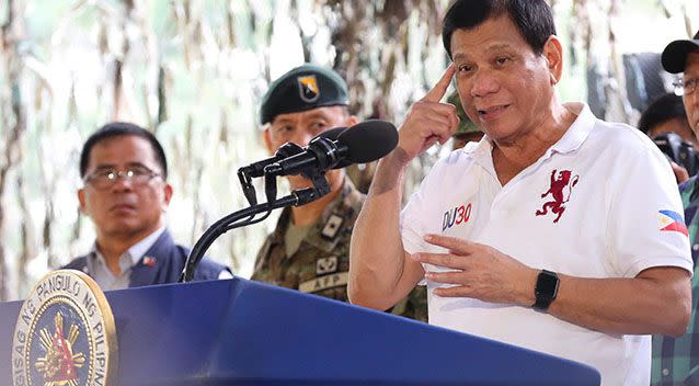 President Rodrigo Duterte addresses the Philippine Army Scout Rangers at their headquarters. Photo: AAP