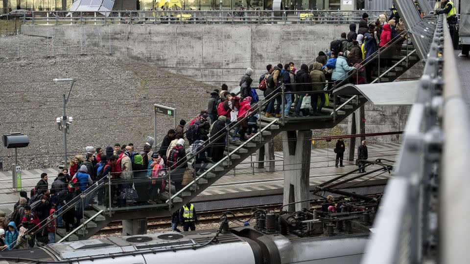 Migrants seeking asylum pack a stairway at a train station in Malmo, Sweden, in November 2015. At the time, the country was <a href="https://www.cnn.com/2018/09/09/europe/sweden-election-intl/index.html">known for having some of Europe's most welcoming immigration policies</a>. Swedish officials have announced a series of stricter policies in recent years. - Johan Nilsson/AFP/Getty Images