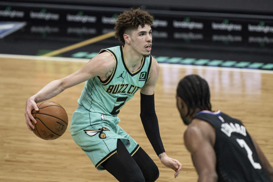 夏洛特黃蜂「球三」LaMelo Ball。（AP Photo/Jacob Kupferman）