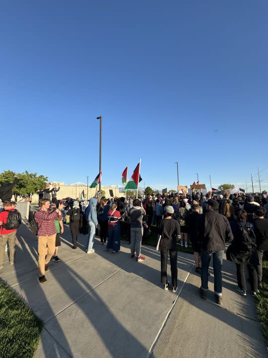 On the evening of Tuesday, April 30, 2024, pro-Palestine demonstrators returned to the University of Utah campus to continue their protest efforts. The protest later moved to the Salt Lake County Metro Jail after one of the organizers was arrested. (KTVX/Sarah Murphy)
