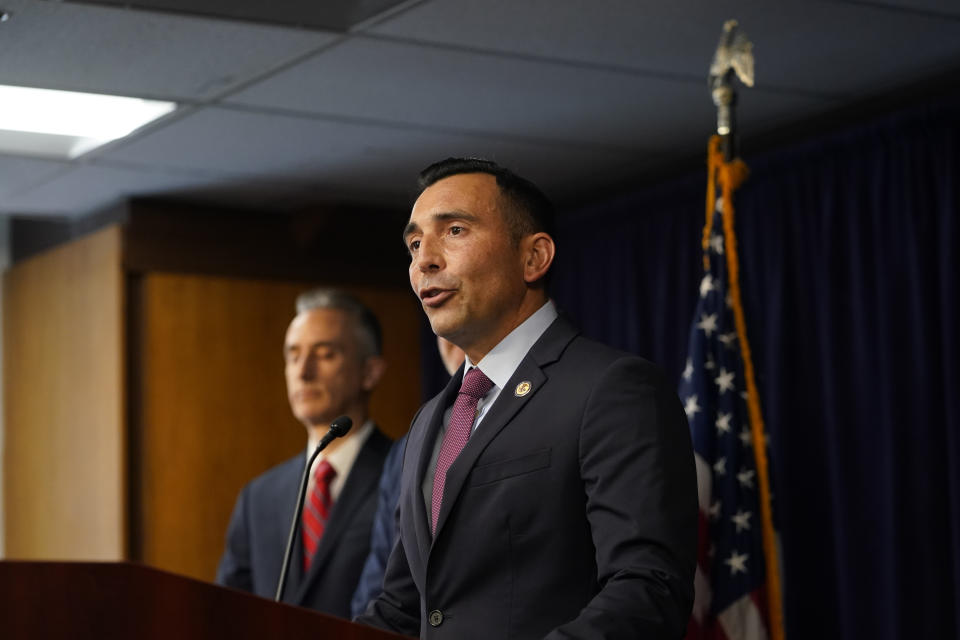 U.S. Attorney Martin Estrada announces charges against the former longtime interpreter for Los Angeles Dodgers star Shohei Ohtani during a news conference Thursday, April 11, 2024, in Los Angeles. Ippei Mizuhara is being charged with federal bank fraud for crimes involving gambling debts and theft of millions of dollars from the Japanese sensation, federal authorities said. (AP Photo/Ryan Sun)