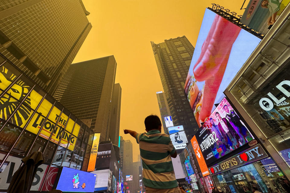 Times Square shrouded in haze and smoke